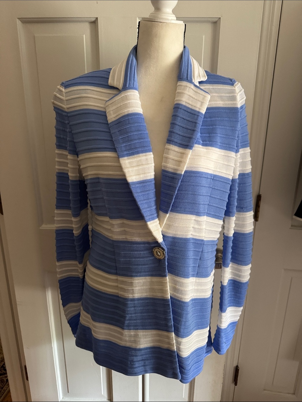 Misook Blue and White Striped Knit Blazer Jacket